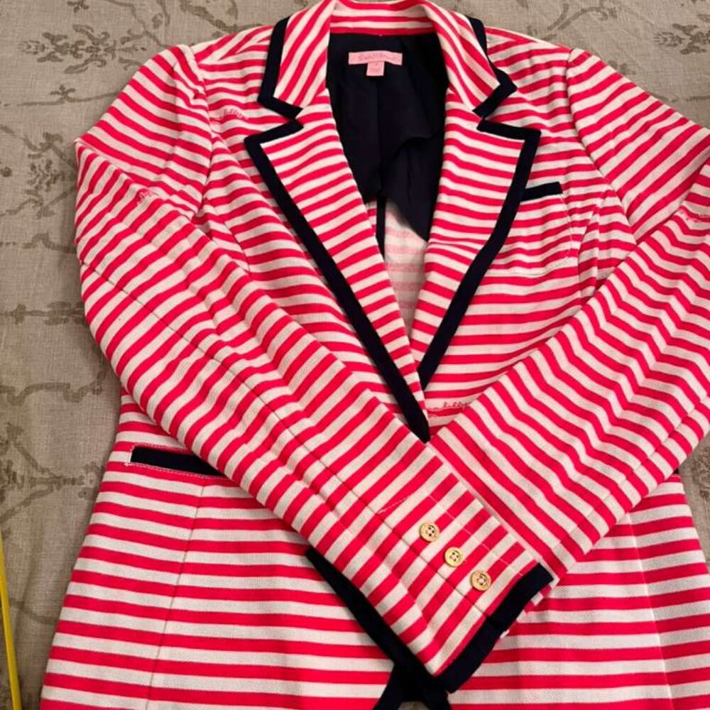 Lilly Pulitzer Pink & White Striped Blazer – Nautical Trim – Excellent Condition
